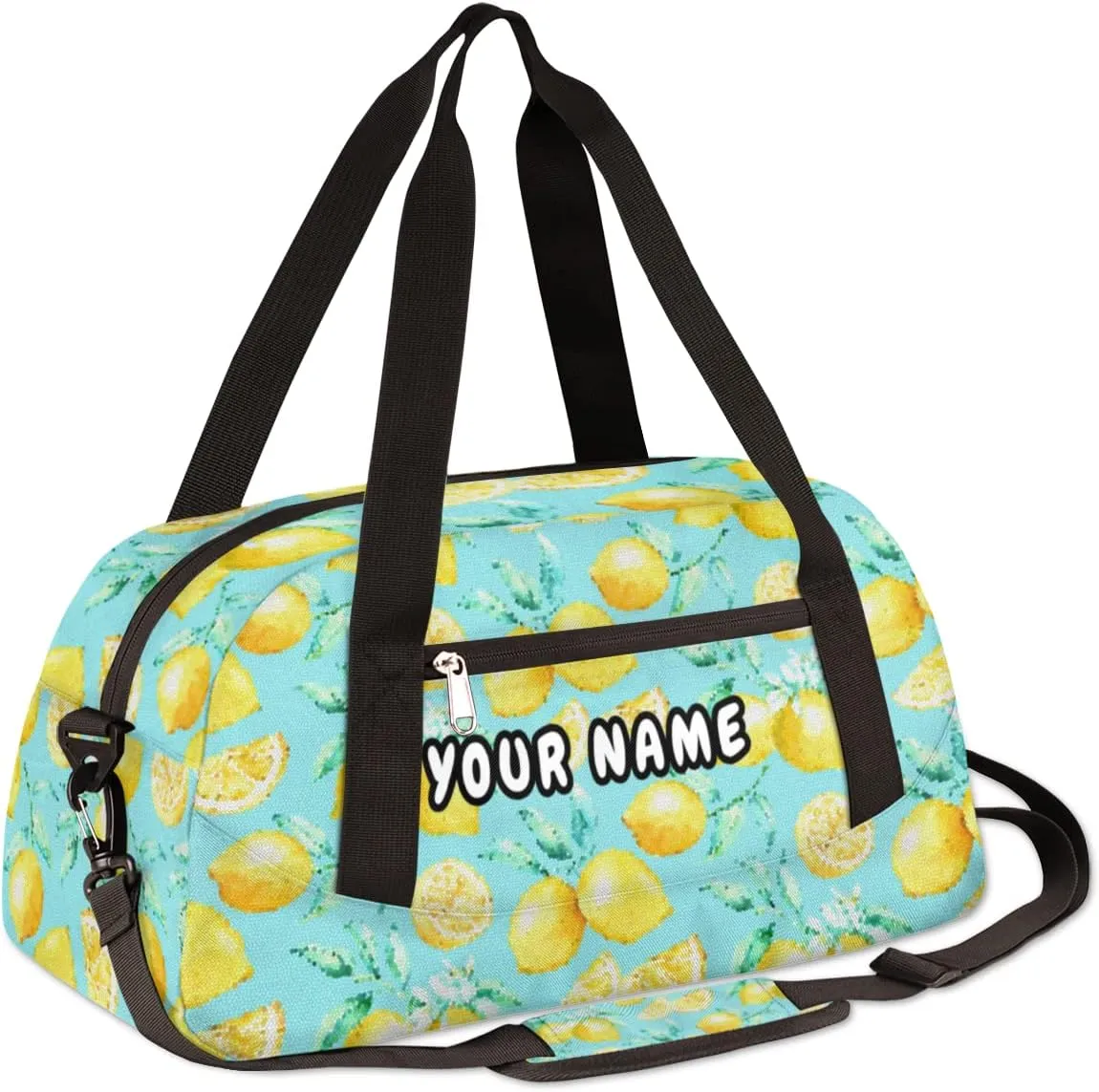 Lemon Blue Leaves Personalized Kids Duffel Bag for Girls Boys, Lemon Debris Custom Name Dance Bag Overnight Small Duffel Bag Carry On Weekend Sports Travel Bag for School Practice Gymnastics Ballet