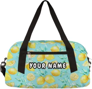 Lemon Blue Leaves Personalized Kids Duffel Bag for Girls Boys, Lemon Debris Custom Name Dance Bag Overnight Small Duffel Bag Carry On Weekend Sports Travel Bag for School Practice Gymnastics Ballet