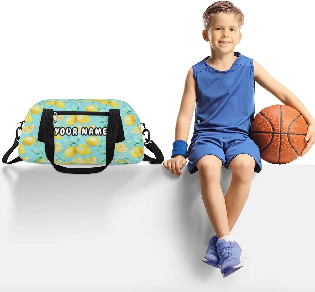 Lemon Blue Leaves Personalized Kids Duffel Bag for Girls Boys, Lemon Debris Custom Name Dance Bag Overnight Small Duffel Bag Carry On Weekend Sports Travel Bag for School Practice Gymnastics Ballet