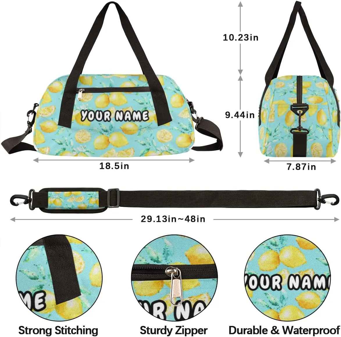 Lemon Blue Leaves Personalized Kids Duffel Bag for Girls Boys, Lemon Debris Custom Name Dance Bag Overnight Small Duffel Bag Carry On Weekend Sports Travel Bag for School Practice Gymnastics Ballet