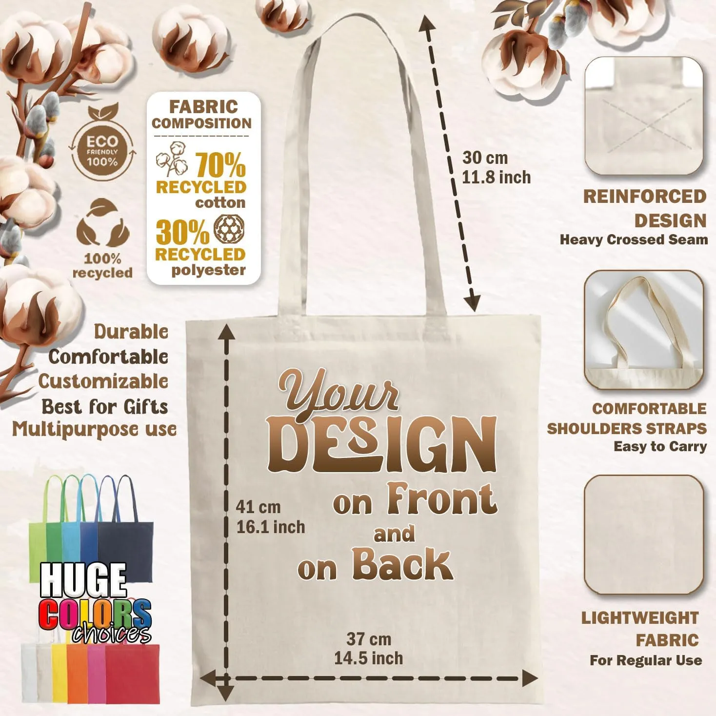 lepni.me Personalised Canvas Tote Bag | Print Your Own Initial Text Photo or Logo | Custom Reusable Monogrammed Handbags (M Beige Without Print)