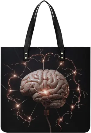 Lightning And Brain Tote Bag Pu Leather Handbags for Women Shopping Shoulder Bags Travel Hobo Bags Slouchy Tote Big Capacity Cross Body Handbags Laptop Briefcases