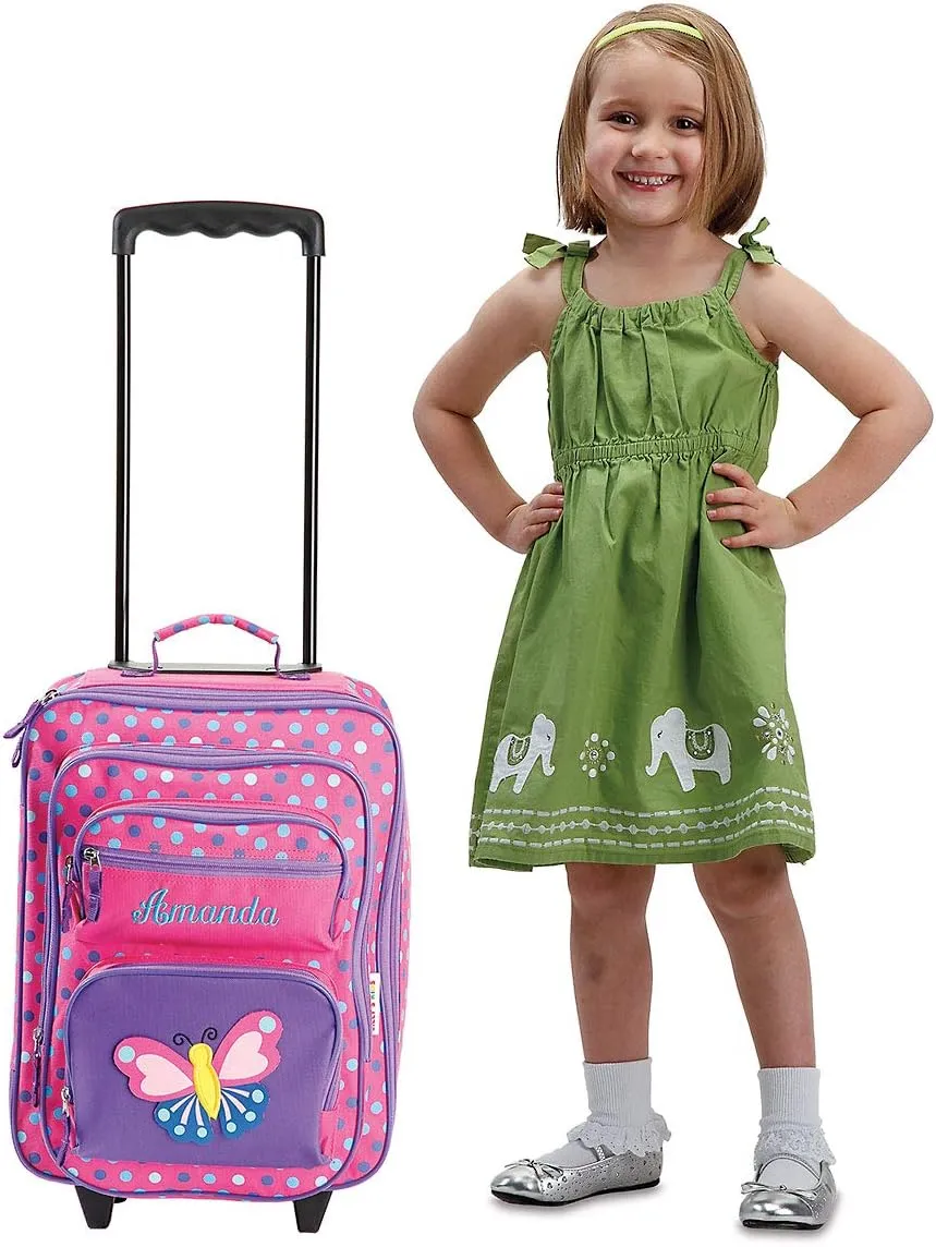 Lillian Vernon Personalized Rolling Luggage for Kids, 5-Pocket 3-D Butterfly Design Suitcase Set, Customizable Girls Travel Carrier on Wheels, 5.5" W x 12" L x 18" H