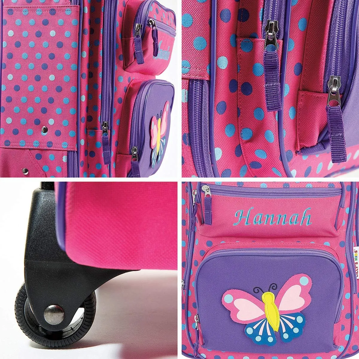 Lillian Vernon Personalized Rolling Luggage for Kids, 5-Pocket 3-D Butterfly Design Suitcase Set, Customizable Girls Travel Carrier on Wheels, 5.5" W x 12" L x 18" H