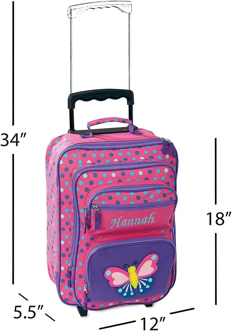 Lillian Vernon Personalized Rolling Luggage for Kids, 5-Pocket 3-D Butterfly Design Suitcase Set, Customizable Girls Travel Carrier on Wheels, 5.5" W x 12" L x 18" H