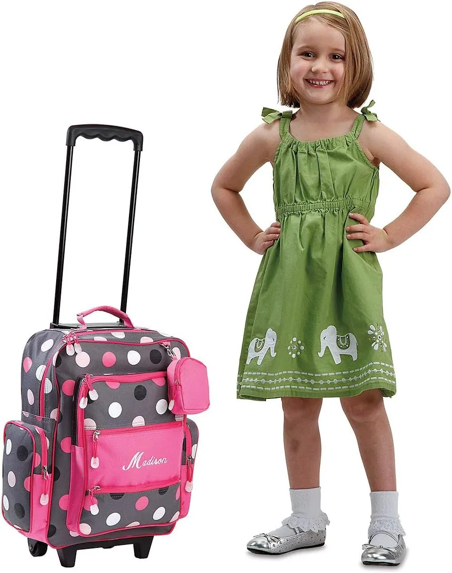 Lillian Vernon Personalized Rolling Luggage for Kids, 5-Pocket Grey Multi-Dots Design Suitcase Set With Clip-On Pouch, Customizable Girls Travel Carrier on Wheels, 20" H x 12" L x 5" W