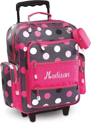Lillian Vernon Personalized Rolling Luggage for Kids, 5-Pocket Grey Multi-Dots Design Suitcase Set With Clip-On Pouch, Customizable Girls Travel Carrier on Wheels, 20" H x 12" L x 5" W