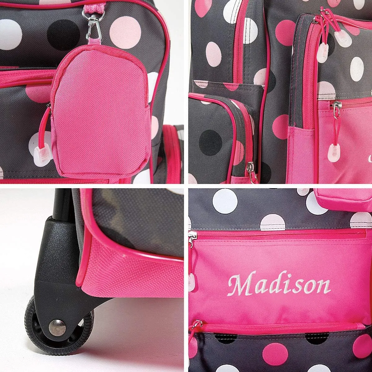 Lillian Vernon Personalized Rolling Luggage for Kids, 5-Pocket Grey Multi-Dots Design Suitcase Set With Clip-On Pouch, Customizable Girls Travel Carrier on Wheels, 20" H x 12" L x 5" W