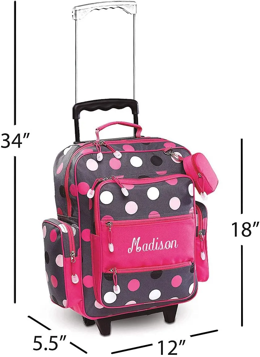Lillian Vernon Personalized Rolling Luggage for Kids, 5-Pocket Grey Multi-Dots Design Suitcase Set With Clip-On Pouch, Customizable Girls Travel Carrier on Wheels, 20" H x 12" L x 5" W