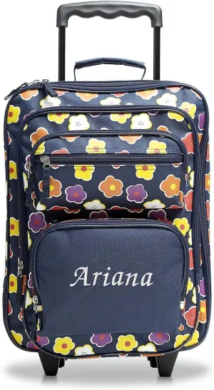 Lillian Vernon Personalized Rolling Luggage for Kids, 5-Pocket Navy Floral Design Suitcase Set, Customizable Girls Travel Carrier on Wheels, 5.5" W x 12" L x 18" H