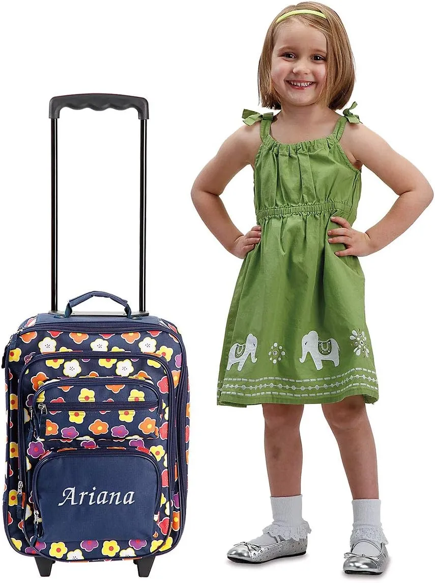 Lillian Vernon Personalized Rolling Luggage for Kids, 5-Pocket Navy Floral Design Suitcase Set, Customizable Girls Travel Carrier on Wheels, 5.5" W x 12" L x 18" H