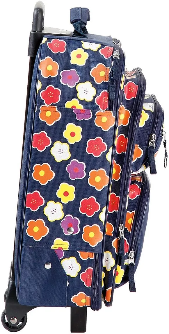 Lillian Vernon Personalized Rolling Luggage for Kids, 5-Pocket Navy Floral Design Suitcase Set, Customizable Girls Travel Carrier on Wheels, 5.5" W x 12" L x 18" H
