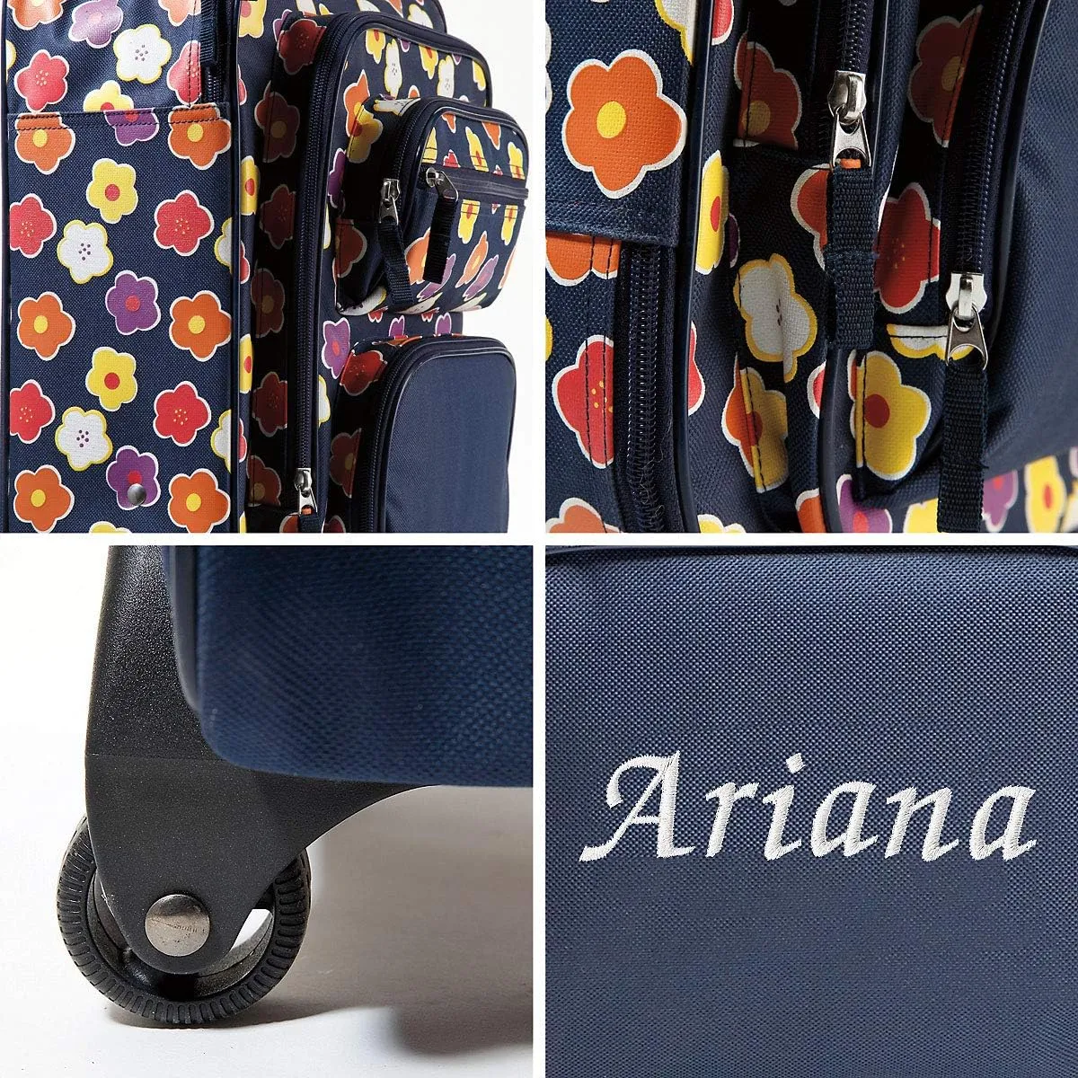 Lillian Vernon Personalized Rolling Luggage for Kids, 5-Pocket Navy Floral Design Suitcase Set, Customizable Girls Travel Carrier on Wheels, 5.5" W x 12" L x 18" H
