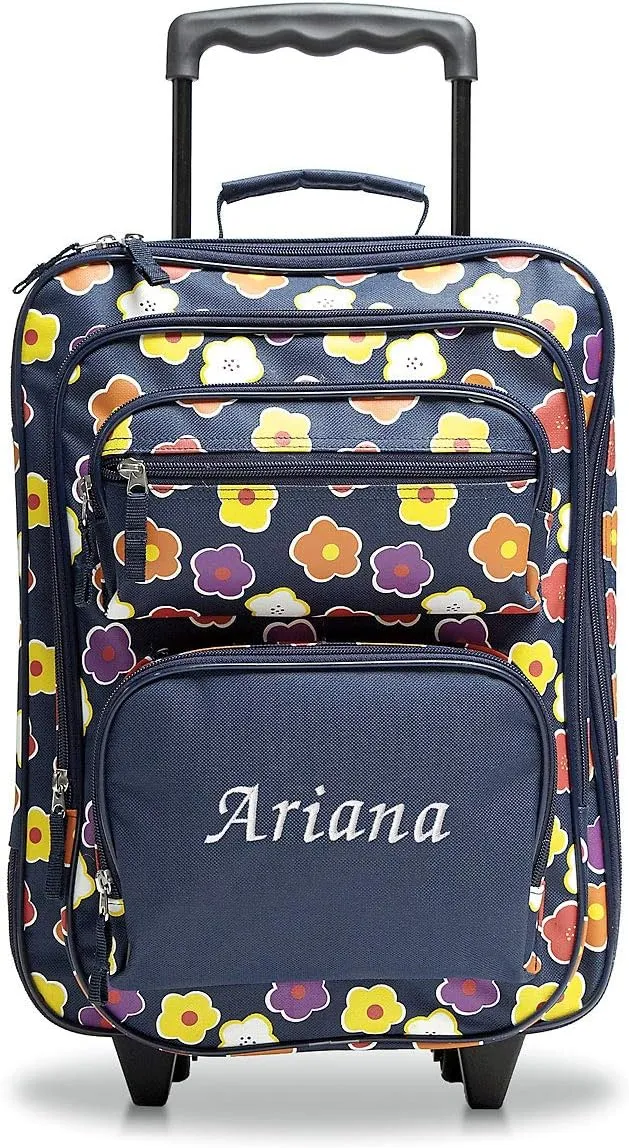 Lillian Vernon Personalized Rolling Luggage for Kids, 5-Pocket Navy Floral Design Suitcase Set, Customizable Girls Travel Carrier on Wheels, 5.5" W x 12" L x 18" H