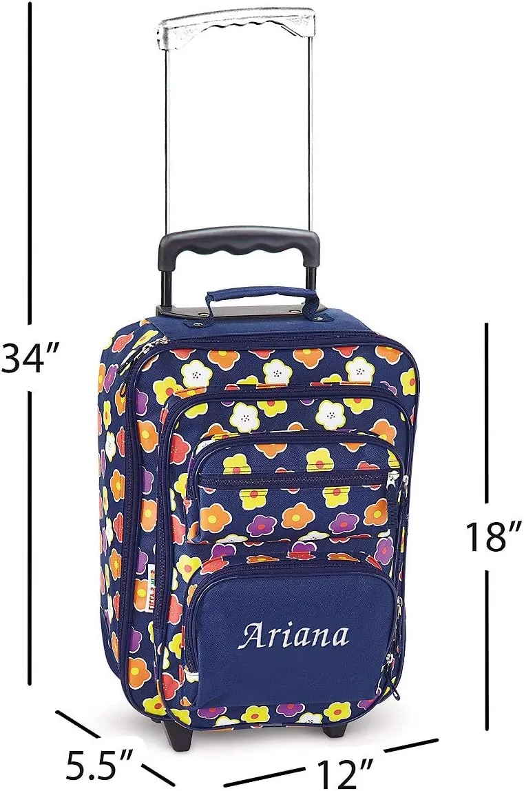 Lillian Vernon Personalized Rolling Luggage for Kids, 5-Pocket Navy Floral Design Suitcase Set, Customizable Girls Travel Carrier on Wheels, 5.5" W x 12" L x 18" H