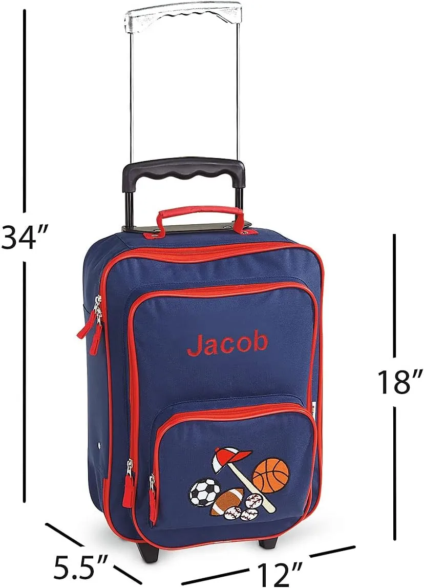 Lillian Vernon Personalized Rolling Luggage for Kids, 5-Pocket Sports Design Suitcase Set, Customizable Boys Travel Carrier on Wheels, 5.5" W x 12" L x 18" H