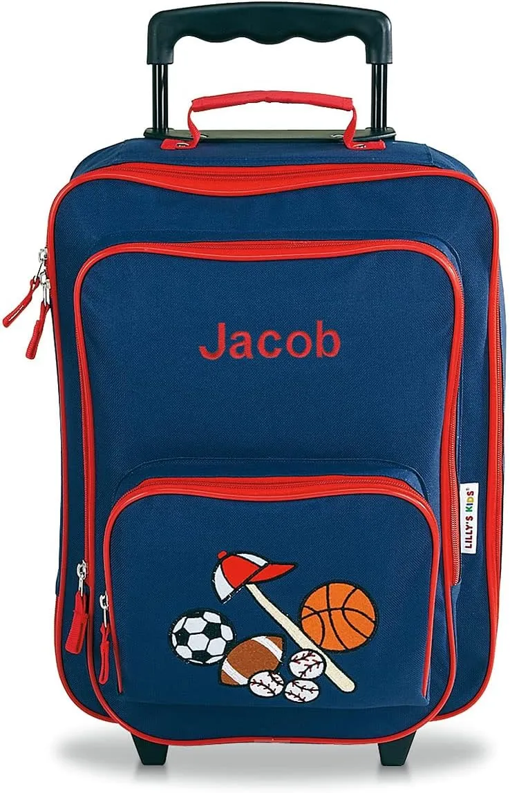 Lillian Vernon Personalized Rolling Luggage for Kids, 5-Pocket Sports Design Suitcase Set, Customizable Boys Travel Carrier on Wheels, 5.5" W x 12" L x 18" H