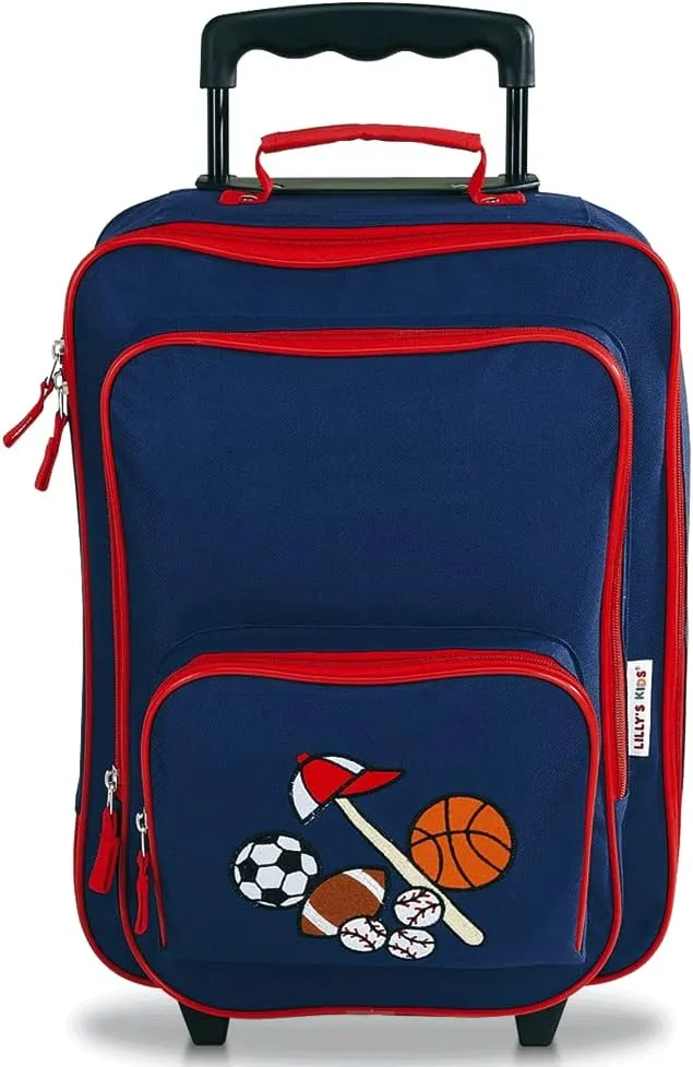 Lillian Vernon Personalized Rolling Luggage for Kids, 5-Pocket Sports Design Suitcase Set, Customizable Boys Travel Carrier on Wheels, 5.5" W x 12" L x 18" H