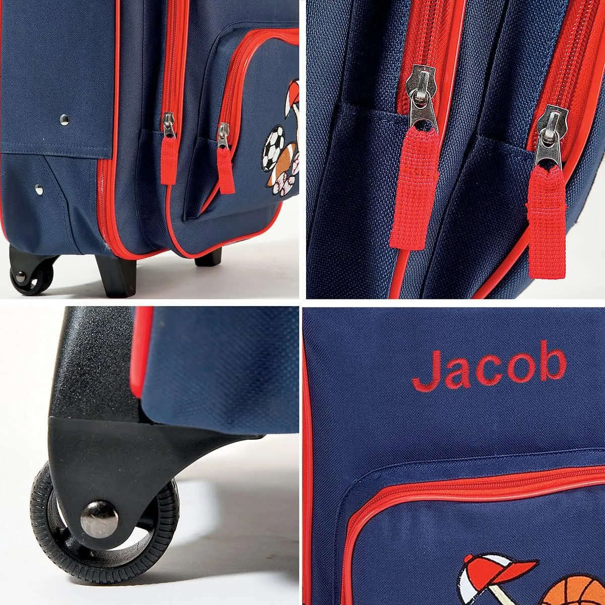 Lillian Vernon Personalized Rolling Luggage for Kids, 5-Pocket Sports Design Suitcase Set, Customizable Boys Travel Carrier on Wheels, 5.5" W x 12" L x 18" H