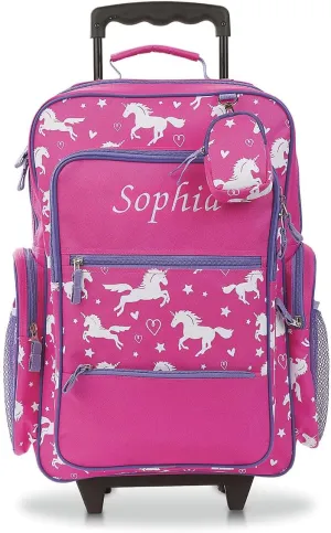 Lillian Vernon Personalized Rolling Luggage for Kids, 5-Pocket Unicorn Design Suitcase Set With Clip-On Pouch, Customizable Girls Travel Carrier on Wheels, 6" W x 15.5" L x 21" H