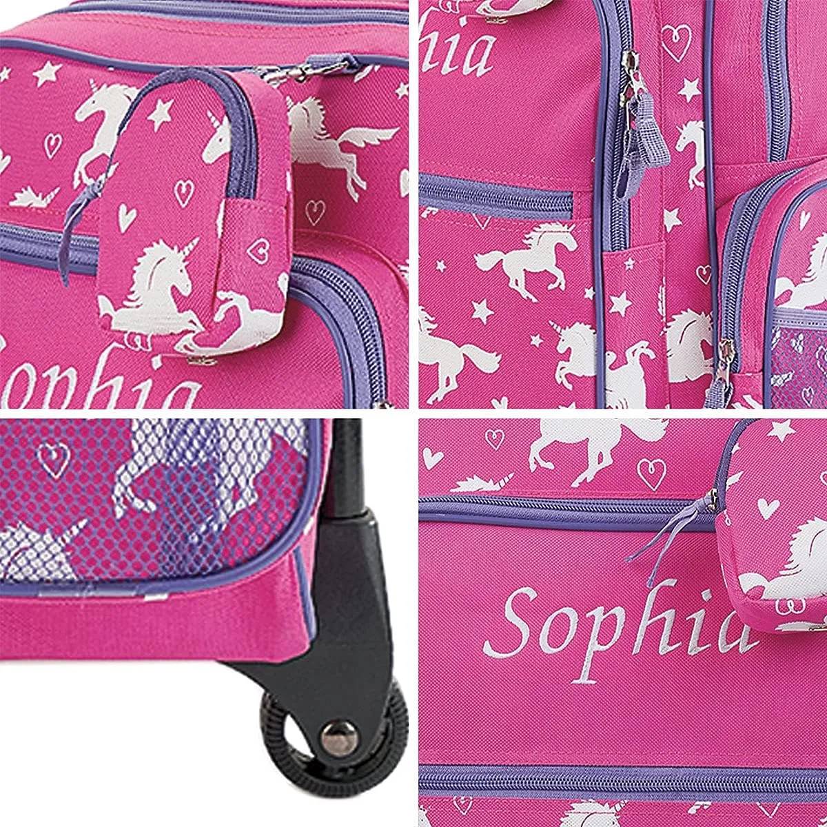 Lillian Vernon Personalized Rolling Luggage for Kids, 5-Pocket Unicorn Design Suitcase Set With Clip-On Pouch, Customizable Girls Travel Carrier on Wheels, 6" W x 15.5" L x 21" H