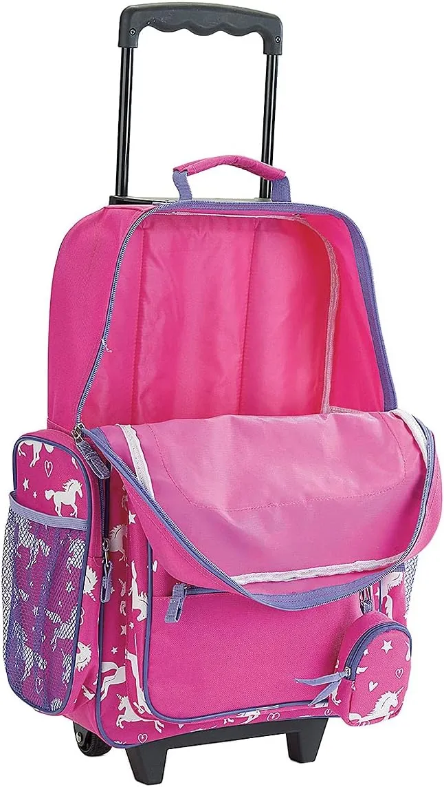 Lillian Vernon Personalized Rolling Luggage for Kids, 5-Pocket Unicorn Design Suitcase Set With Clip-On Pouch, Customizable Girls Travel Carrier on Wheels, 6" W x 15.5" L x 21" H