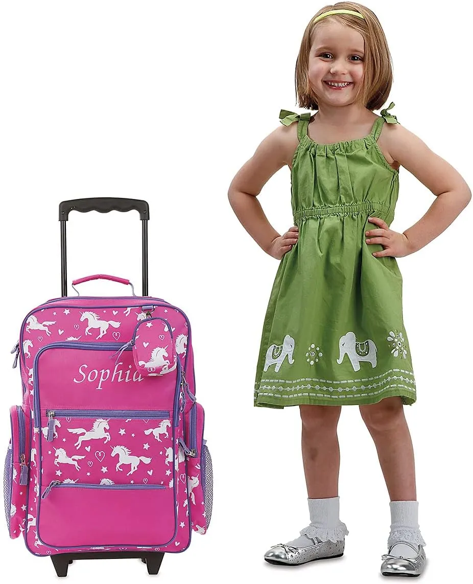 Lillian Vernon Personalized Rolling Luggage for Kids, 5-Pocket Unicorn Design Suitcase Set With Clip-On Pouch, Customizable Girls Travel Carrier on Wheels, 6" W x 15.5" L x 21" H