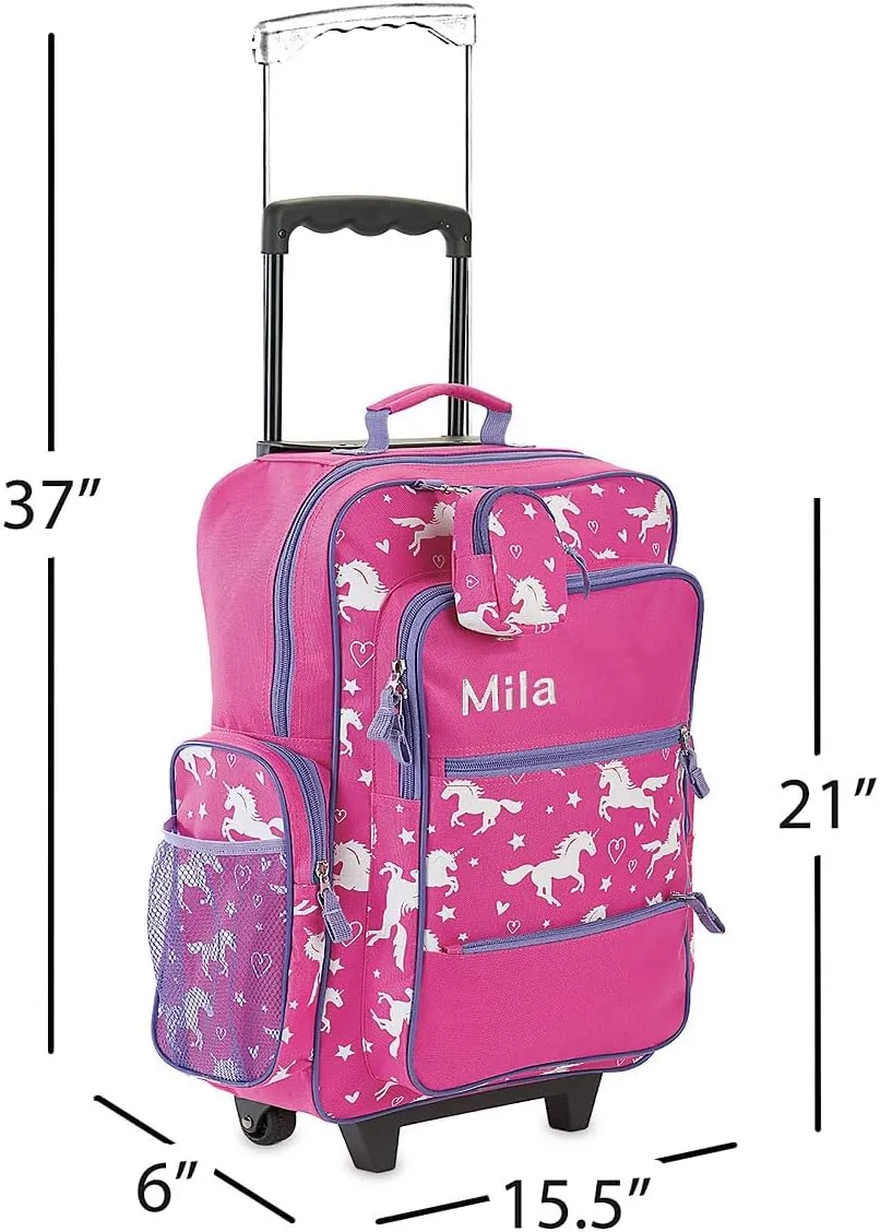 Lillian Vernon Personalized Rolling Luggage for Kids, 5-Pocket Unicorn Design Suitcase Set With Clip-On Pouch, Customizable Girls Travel Carrier on Wheels, 6" W x 15.5" L x 21" H