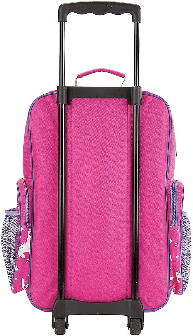 Lillian Vernon Personalized Rolling Luggage for Kids, 5-Pocket Unicorn Design Suitcase Set With Clip-On Pouch, Customizable Girls Travel Carrier on Wheels, 6" W x 15.5" L x 21" H