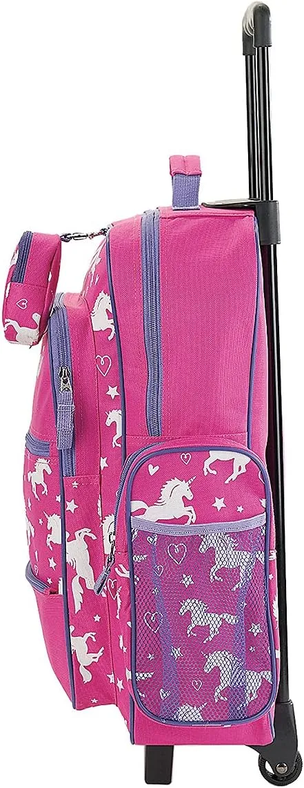 Lillian Vernon Personalized Rolling Luggage for Kids, 5-Pocket Unicorn Design Suitcase Set With Clip-On Pouch, Customizable Girls Travel Carrier on Wheels, 6" W x 15.5" L x 21" H