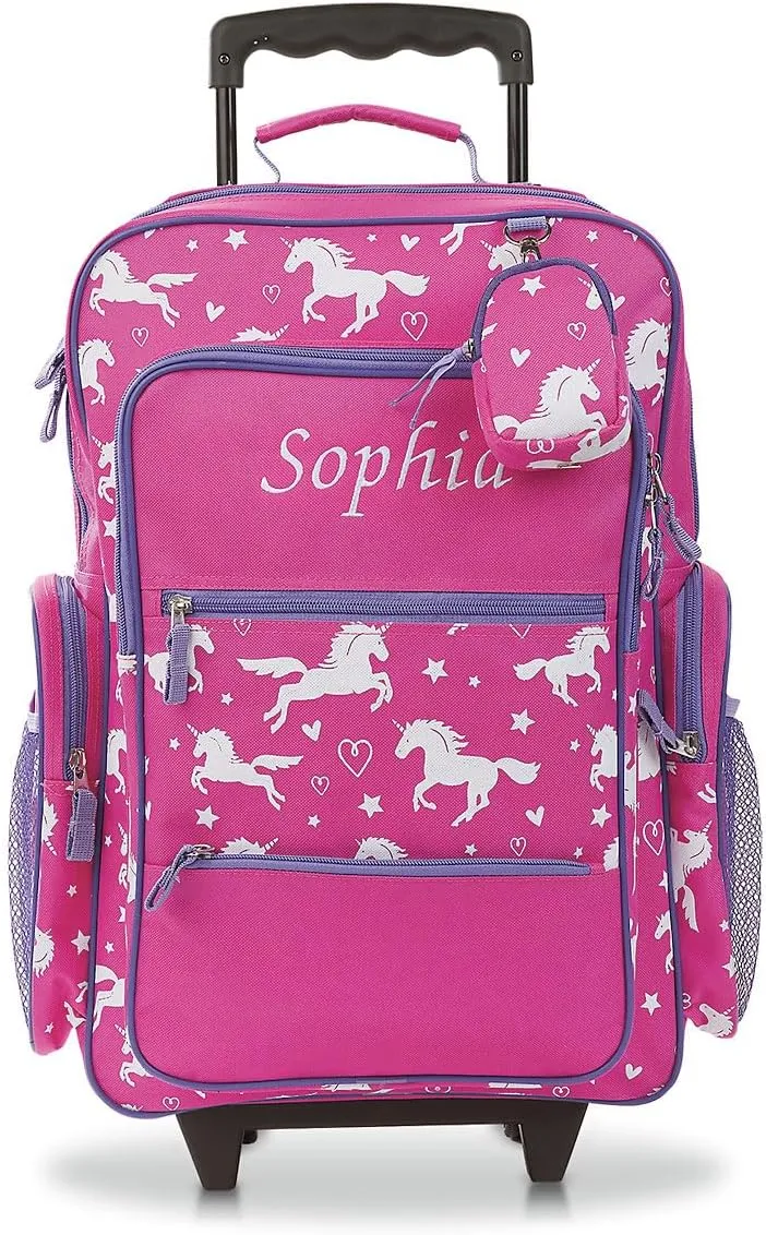Lillian Vernon Personalized Rolling Luggage for Kids, 5-Pocket Unicorn Design Suitcase Set With Clip-On Pouch, Customizable Girls Travel Carrier on Wheels, 6" W x 15.5" L x 21" H
