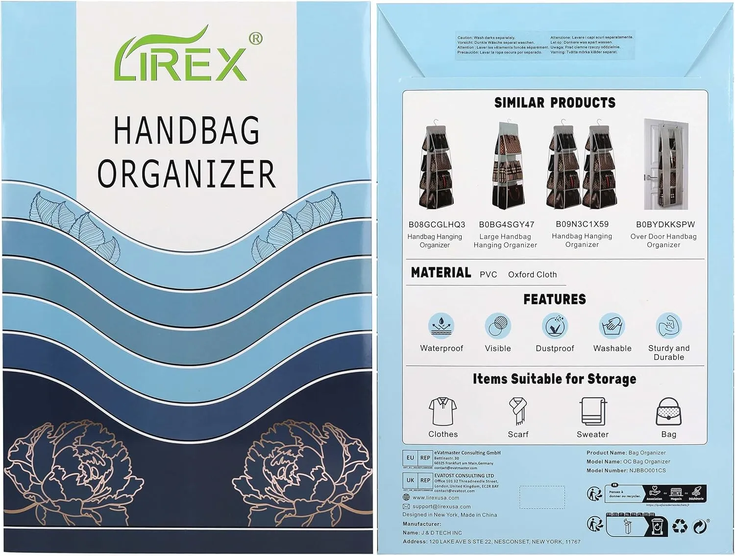 Lirex 2-Pack Handbag Hanging Purse Organizer for Closet, 8 Pocket Handbag Storage Organizer Hanger Oxford Cloth Closet Organizer for Family Closet Bedroom, Foldable and Universal Fit, Blue
