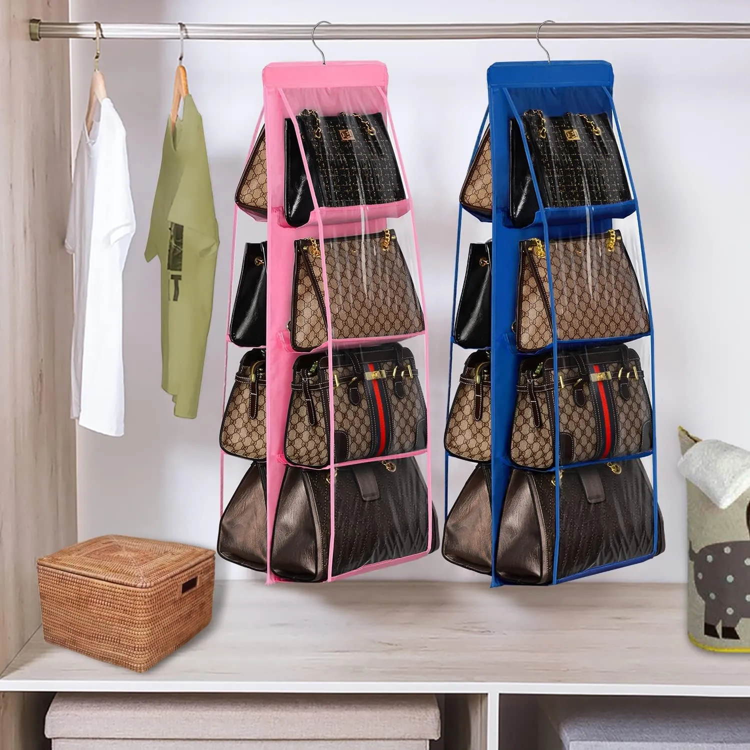 Lirex 2-Pack Handbag Hanging Purse Organizer for Closet, 8 Pocket Handbag Storage Organizer Hanger Oxford Cloth Closet Organizer for Family Closet Bedroom, Foldable and Universal Fit, Blue