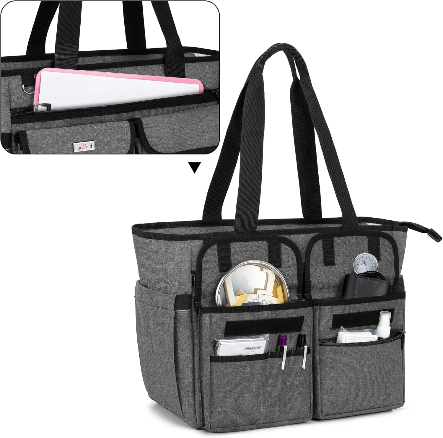 LoDrid Nurse Tote Bag with Bottom Padded Pad, Nurse Bags and Totes for Work with Large Compartment, Bag Only