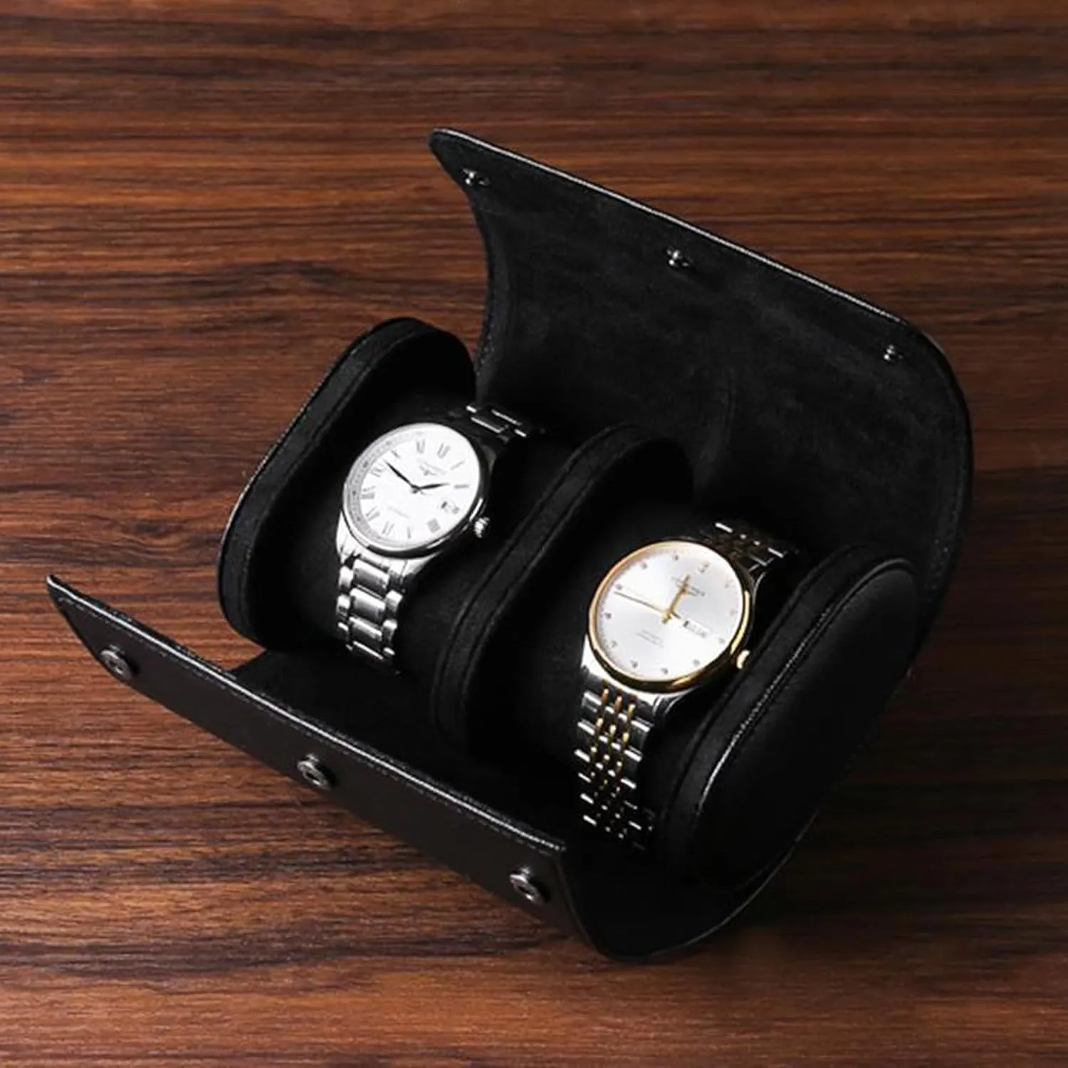 Longjet Watch Roll Travel Case for Men Portable Watches Organizer Box with Removable Velvet Pillow Holder (2 Slot Black Cross)