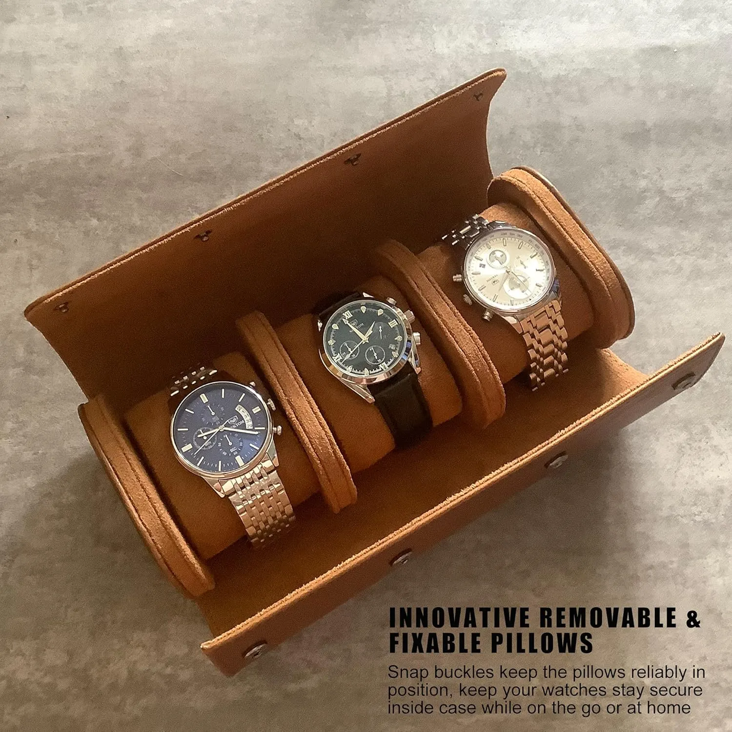 Longjet Watch Roll Travel Case for Men Portable Watches Organizer Box with Removable Velvet Pillow Holder (Brown)