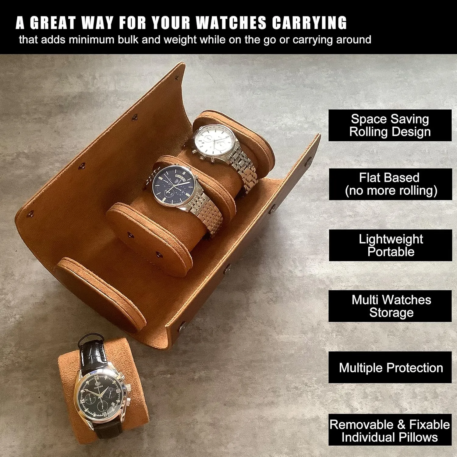 Longjet Watch Roll Travel Case for Men Portable Watches Organizer Box with Removable Velvet Pillow Holder (Brown)