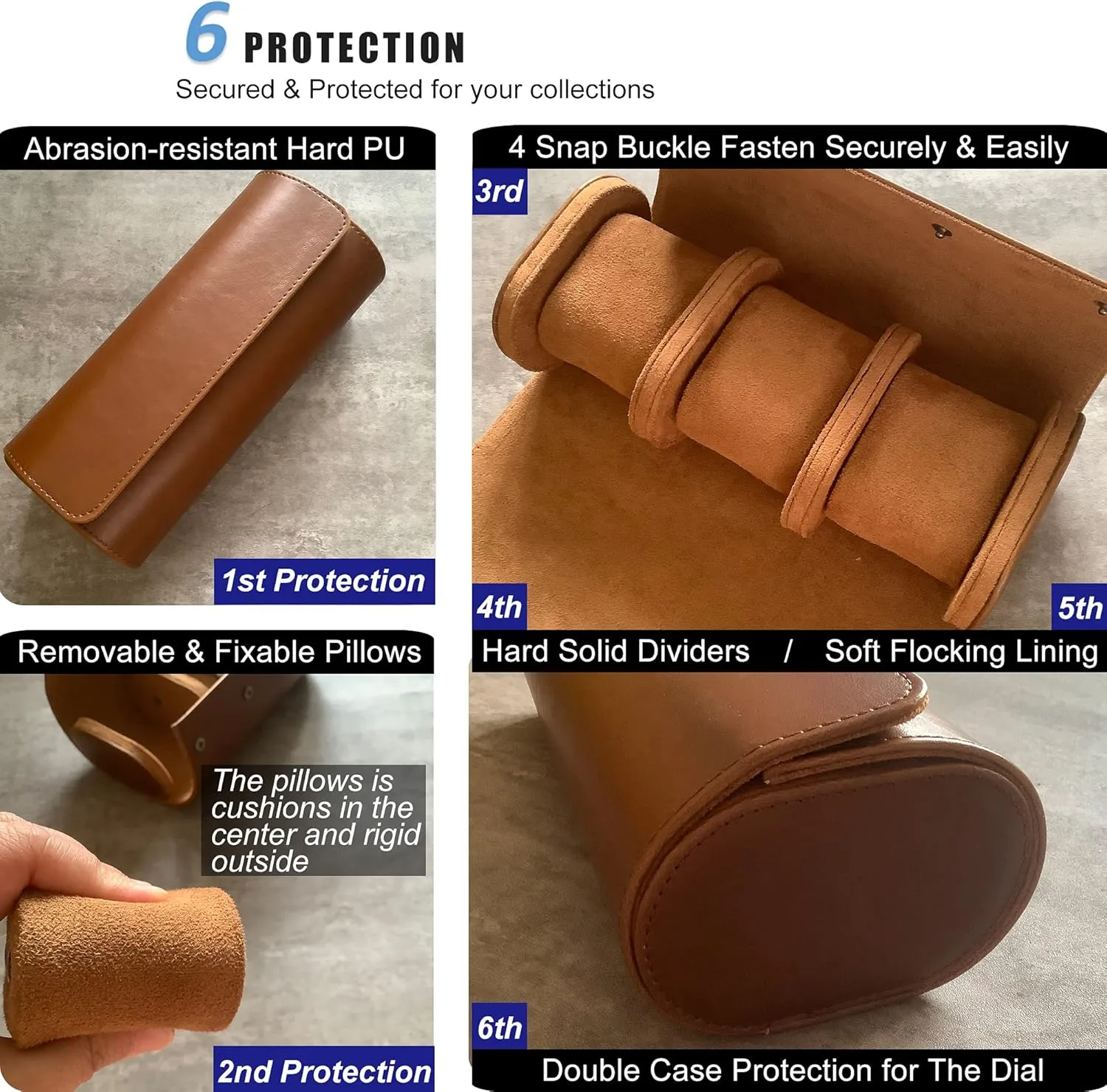 Longjet Watch Roll Travel Case for Men Portable Watches Organizer Box with Removable Velvet Pillow Holder (Brown)