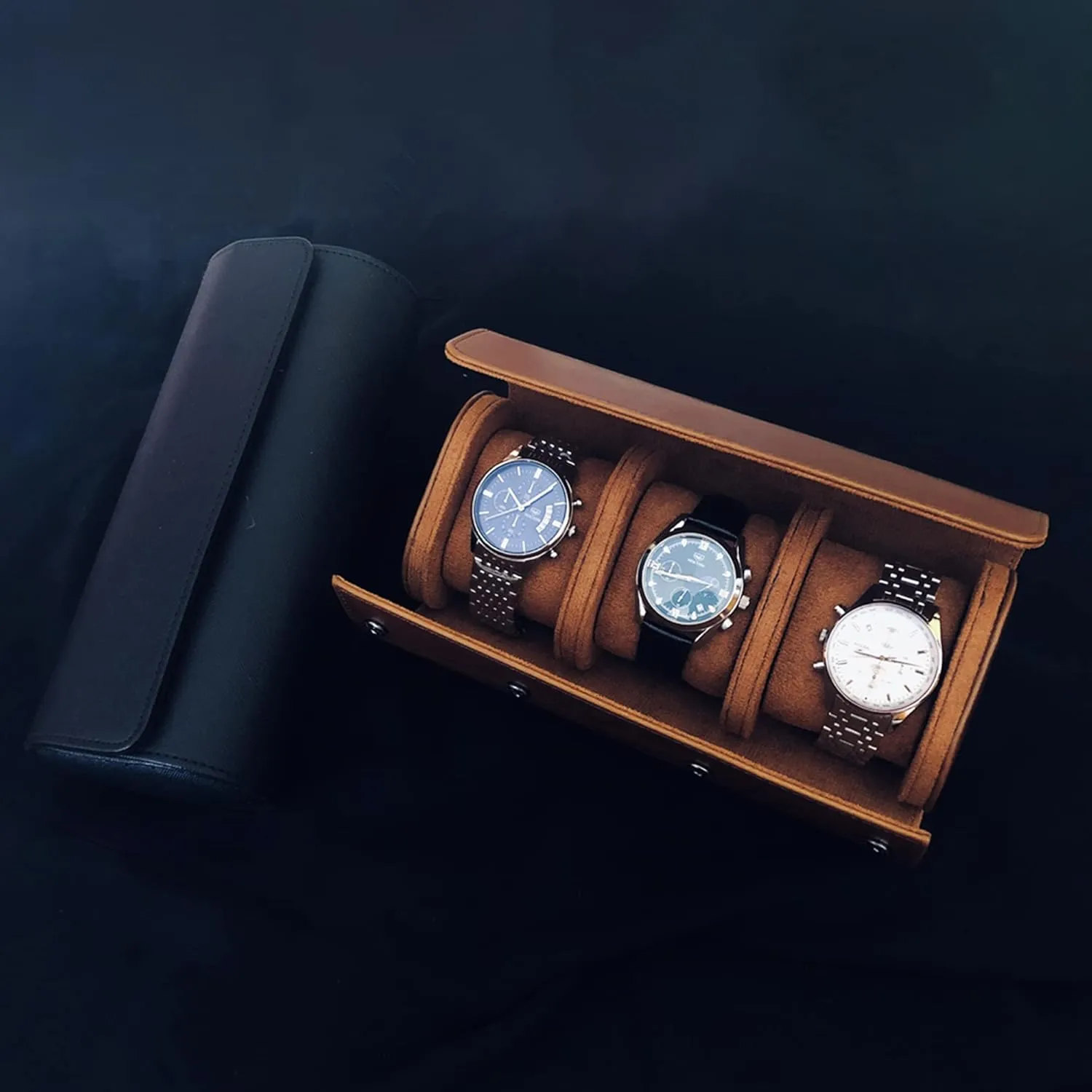 Longjet Watch Roll Travel Case for Men Portable Watches Organizer Box with Removable Velvet Pillow Holder (Brown)