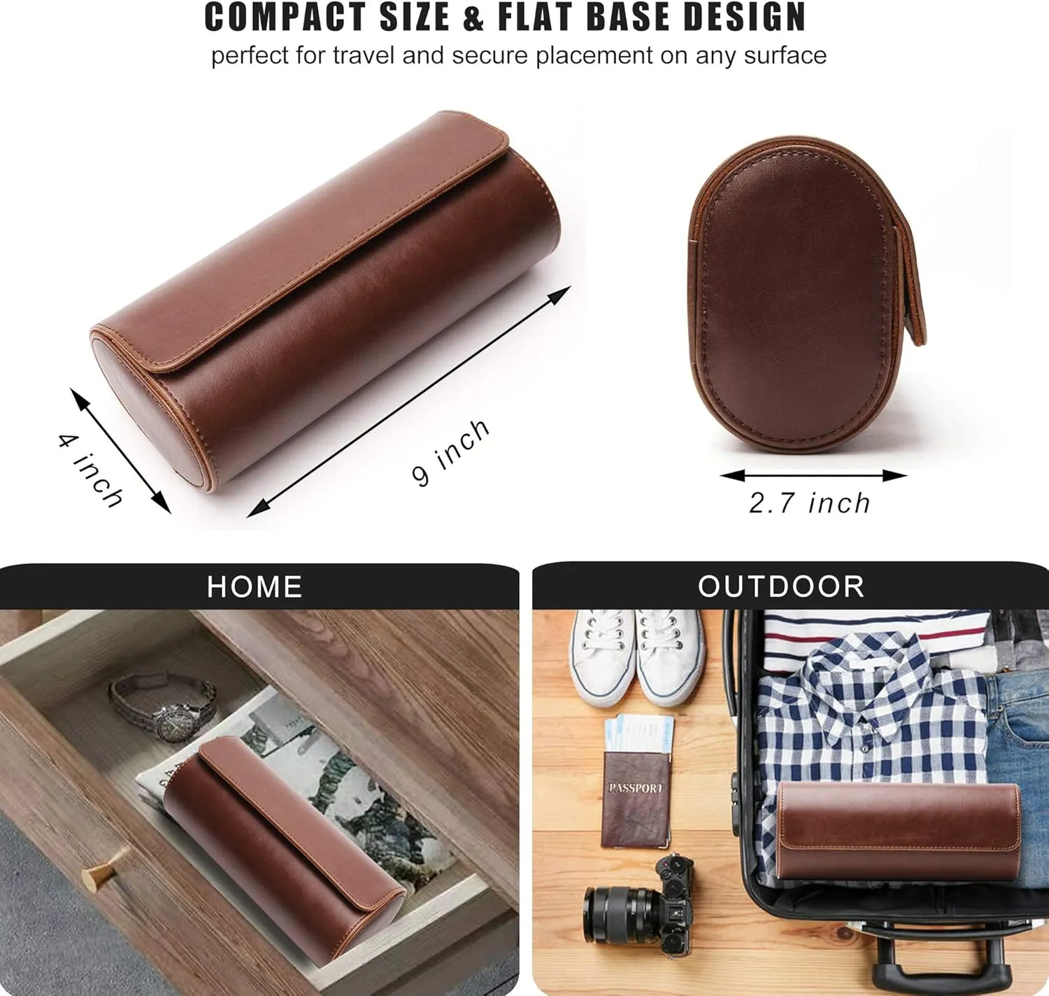 Longjet Watch Roll Travel Case for Men Portable Watches Organizer Box with Removable Velvet Pillow Holder (Brown)