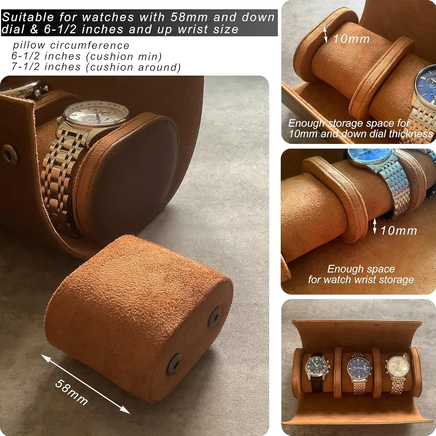 Longjet Watch Roll Travel Case for Men Portable Watches Organizer Box with Removable Velvet Pillow Holder (Brown)