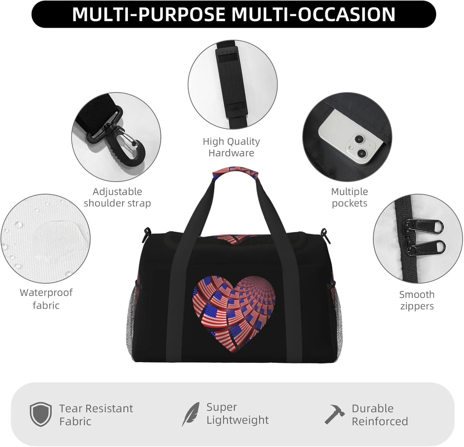 Love American Flag Travel Duffel Bag Large Foldable Waterproof Overnight Bag For Beach Swim Bags Pool Sports Gym