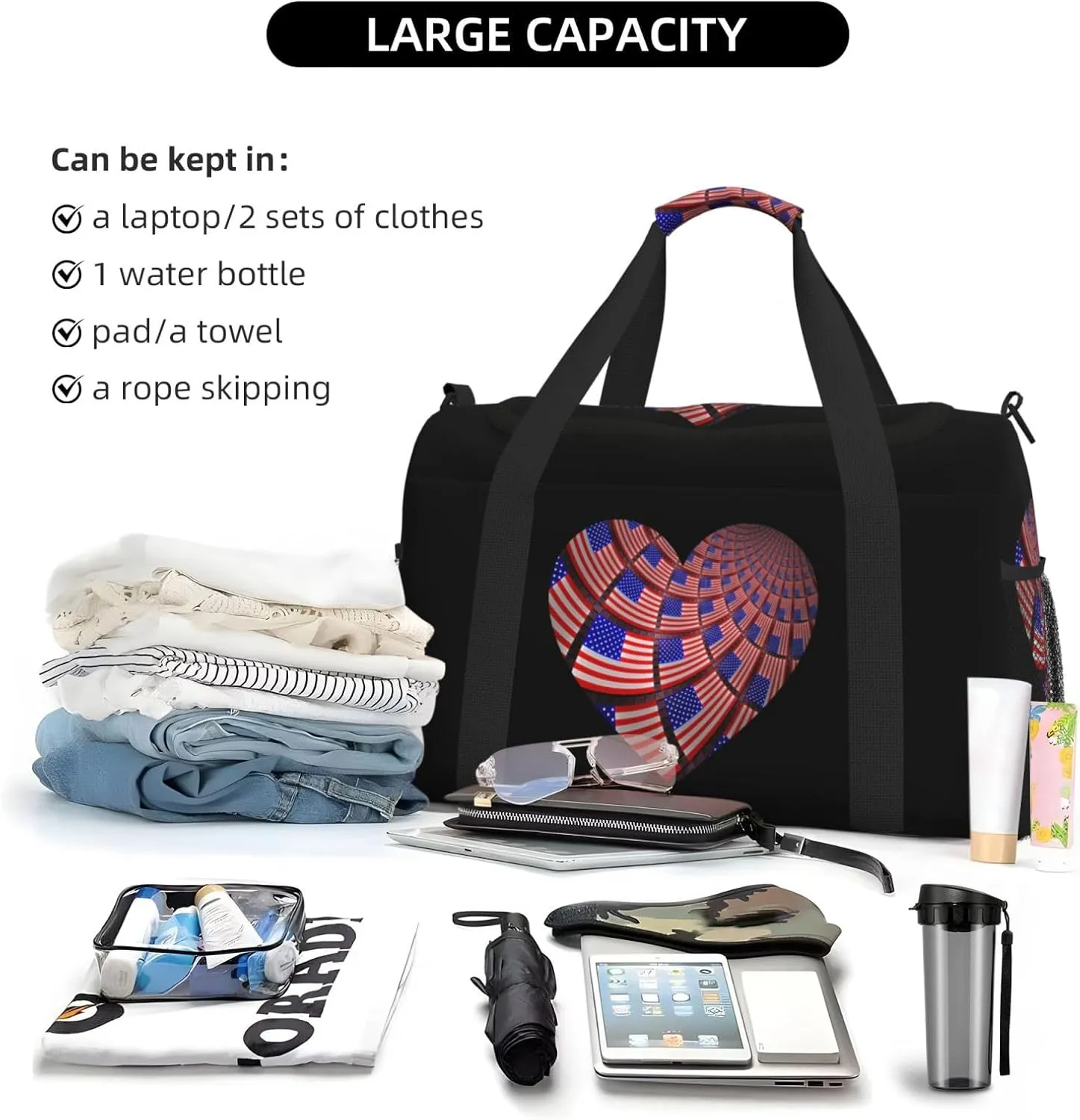 Love American Flag Travel Duffel Bag Large Foldable Waterproof Overnight Bag For Beach Swim Bags Pool Sports Gym