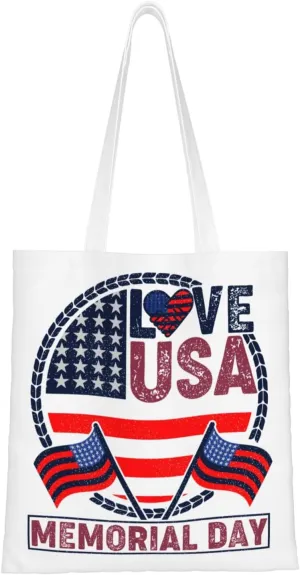 Love Usa Memorial Day Tote Bag for Women Canvas Shopping Bags Reusable Large Capacity Casual Shoulder Handbags Grocery Bags DIY Gift Bags