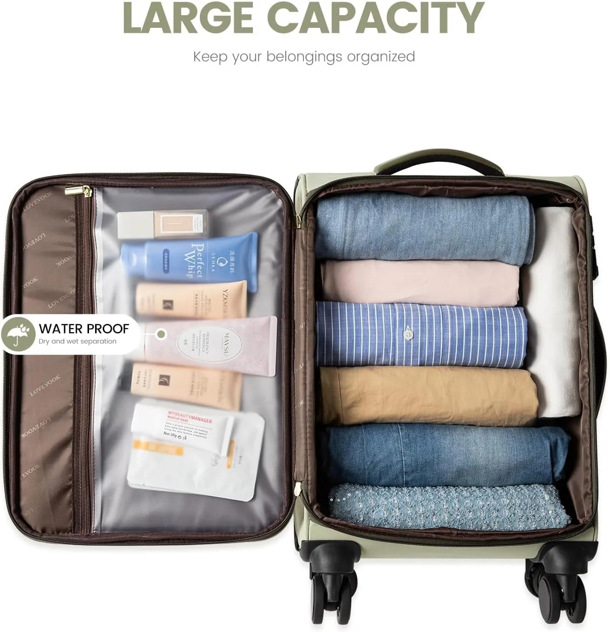 LOVEVOOK Carry On Luggage 22x14x9 Airline Approved with Spinner Wheels, 20 Inch Softside Suitcases, Lightweight Rolling Travel Carry on Suitcase with TSA Lock for Women Men Weekender, Green-yellow