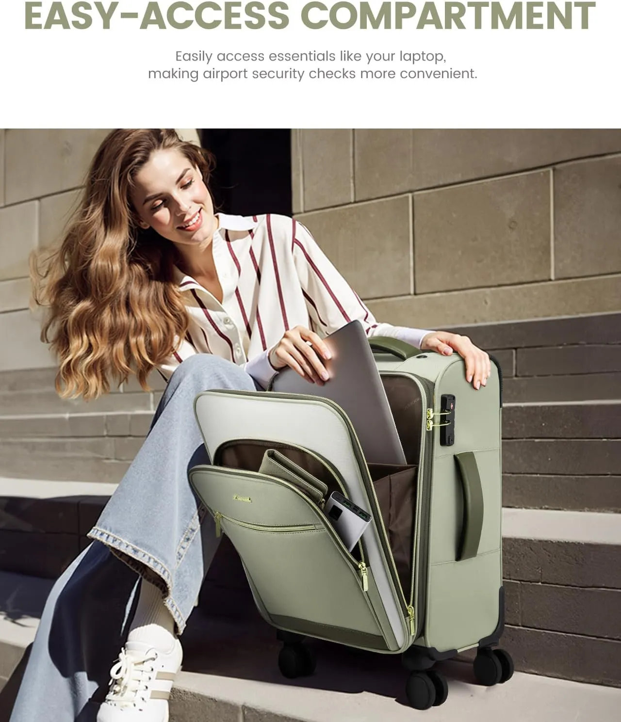 LOVEVOOK Carry On Luggage 22x14x9 Airline Approved with Spinner Wheels, 20 Inch Softside Suitcases, Lightweight Rolling Travel Carry on Suitcase with TSA Lock for Women Men Weekender, Green-yellow