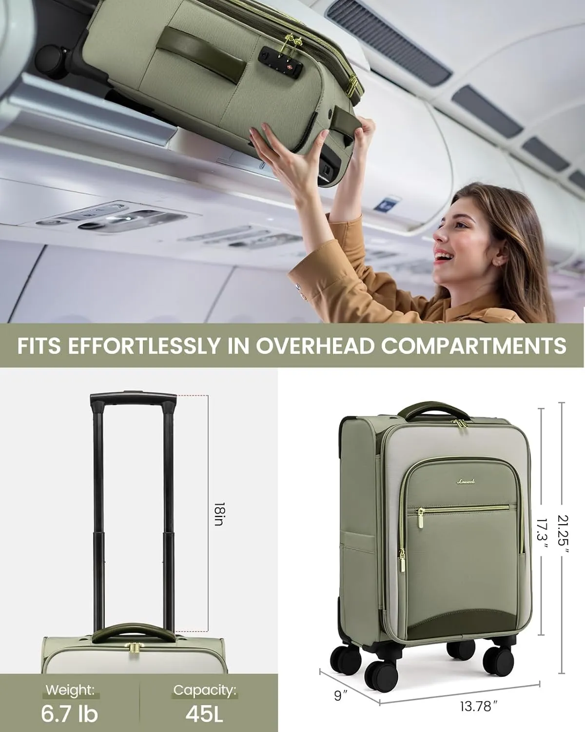 LOVEVOOK Carry On Luggage 22x14x9 Airline Approved with Spinner Wheels, 20 Inch Softside Suitcases, Lightweight Rolling Travel Carry on Suitcase with TSA Lock for Women Men Weekender, Green-yellow