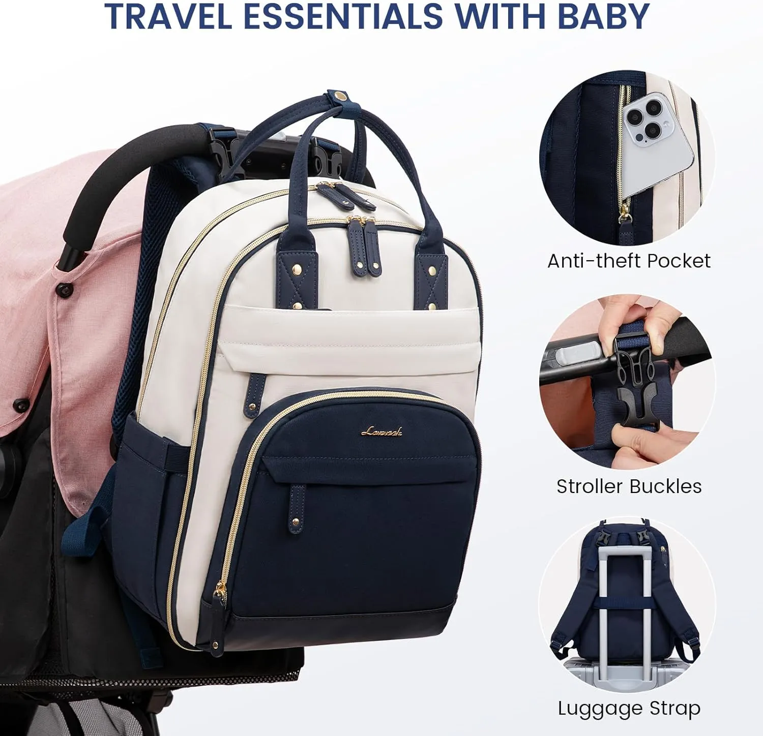 LOVEVOOK Diaper Bag Backpack, Baby Bag with Changing Pad, Large Diaper Backpack Boy Girl, Waterproof Baby Registry Bag for Mom Dad with Stroller Buckles, Dark Blue-beige