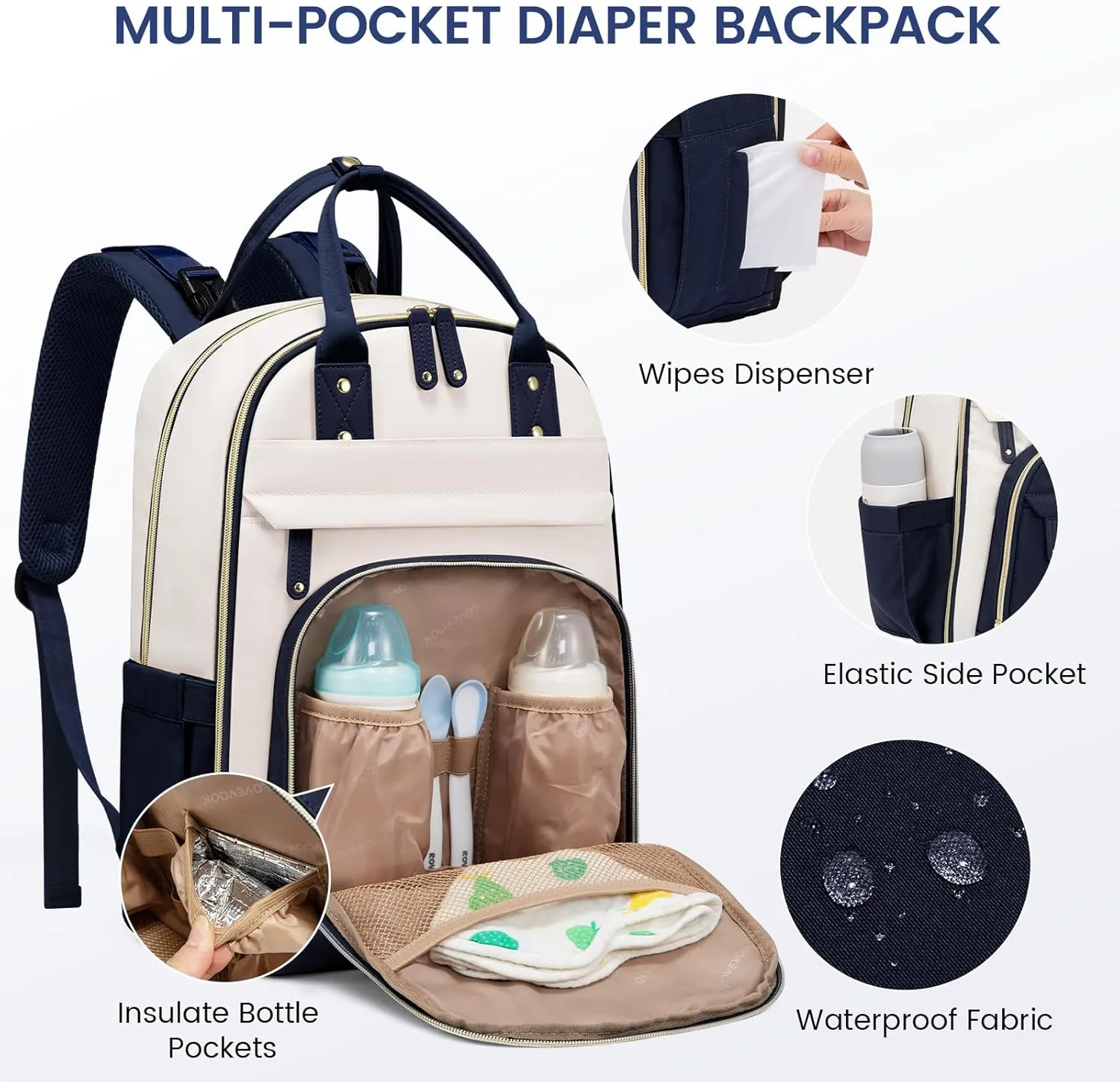LOVEVOOK Diaper Bag Backpack, Baby Bag with Changing Pad, Large Diaper Backpack Boy Girl, Waterproof Baby Registry Bag for Mom Dad with Stroller Buckles, Dark Blue-beige