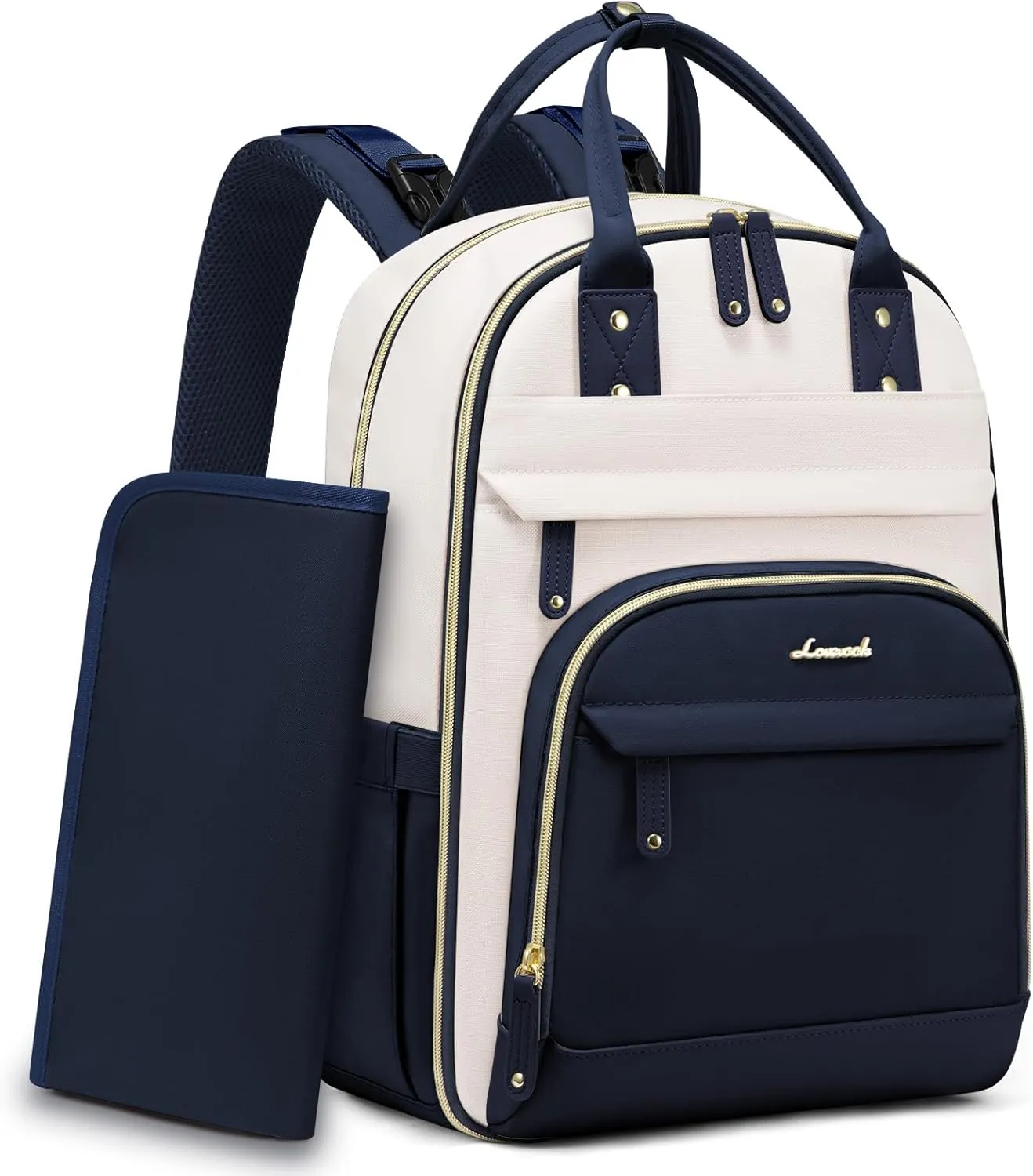 LOVEVOOK Diaper Bag Backpack, Baby Bag with Changing Pad, Large Diaper Backpack Boy Girl, Waterproof Baby Registry Bag for Mom Dad with Stroller Buckles, Dark Blue-beige